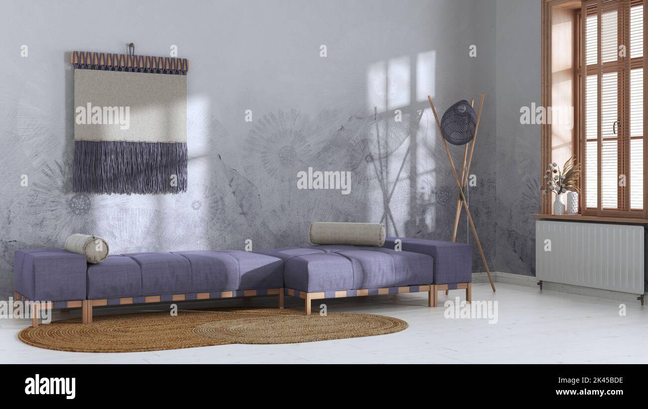 Japandi living room in white and purple tones with decorated plaster ...