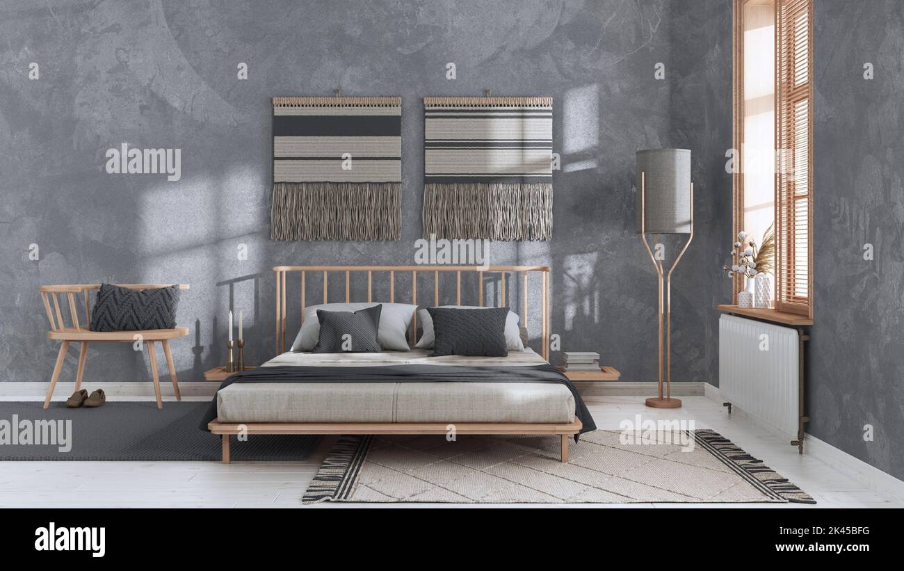 Wabi sabi bedroom in white and gray tones with macrame wall art and ...