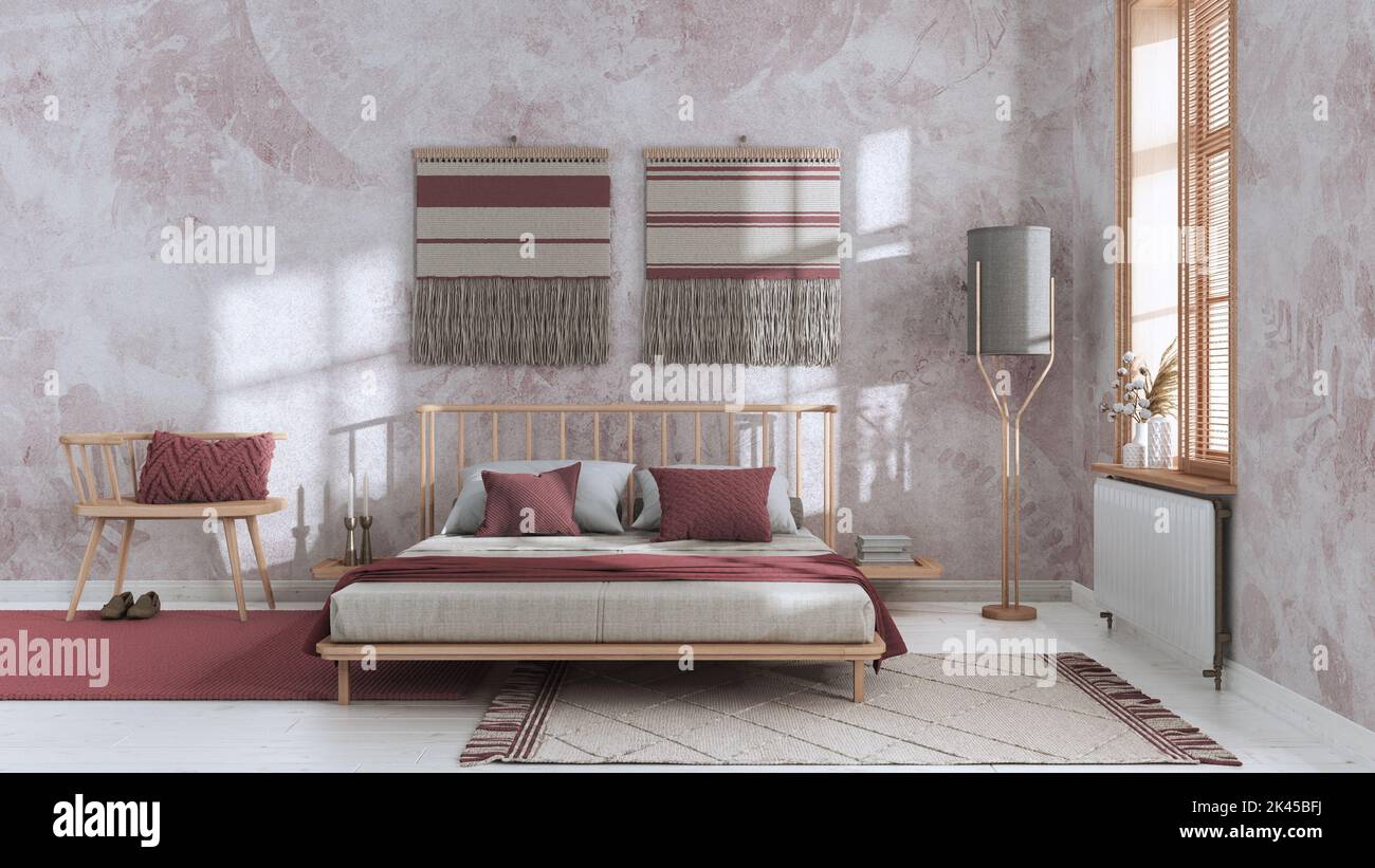 Wabi sabi bedroom in white and red tones with macrame wall art and ...