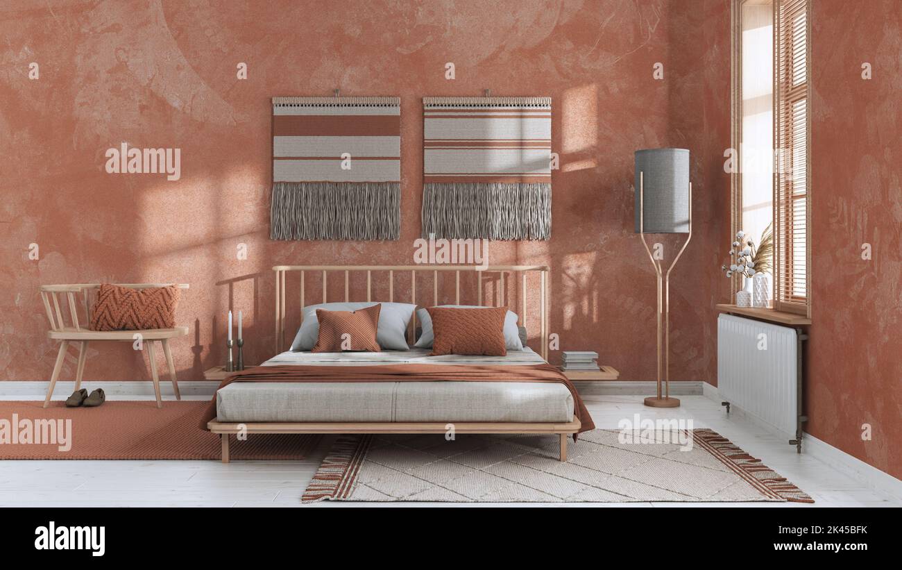 Wabi sabi bedroom in white and orange tones with macrame wall art and ...