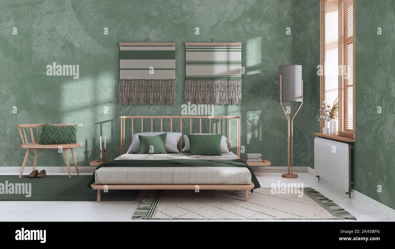 Wabi sabi bedroom in white and green tones with macrame wall art and ...