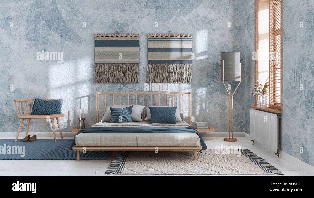 Wabi sabi bedroom in white and blue tones with macrame wall art and ...