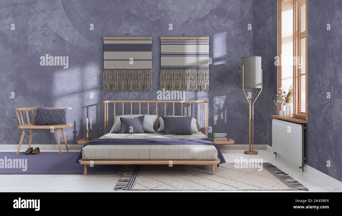 Wabi sabi bedroom in white and purple tones with macrame wall art and ...