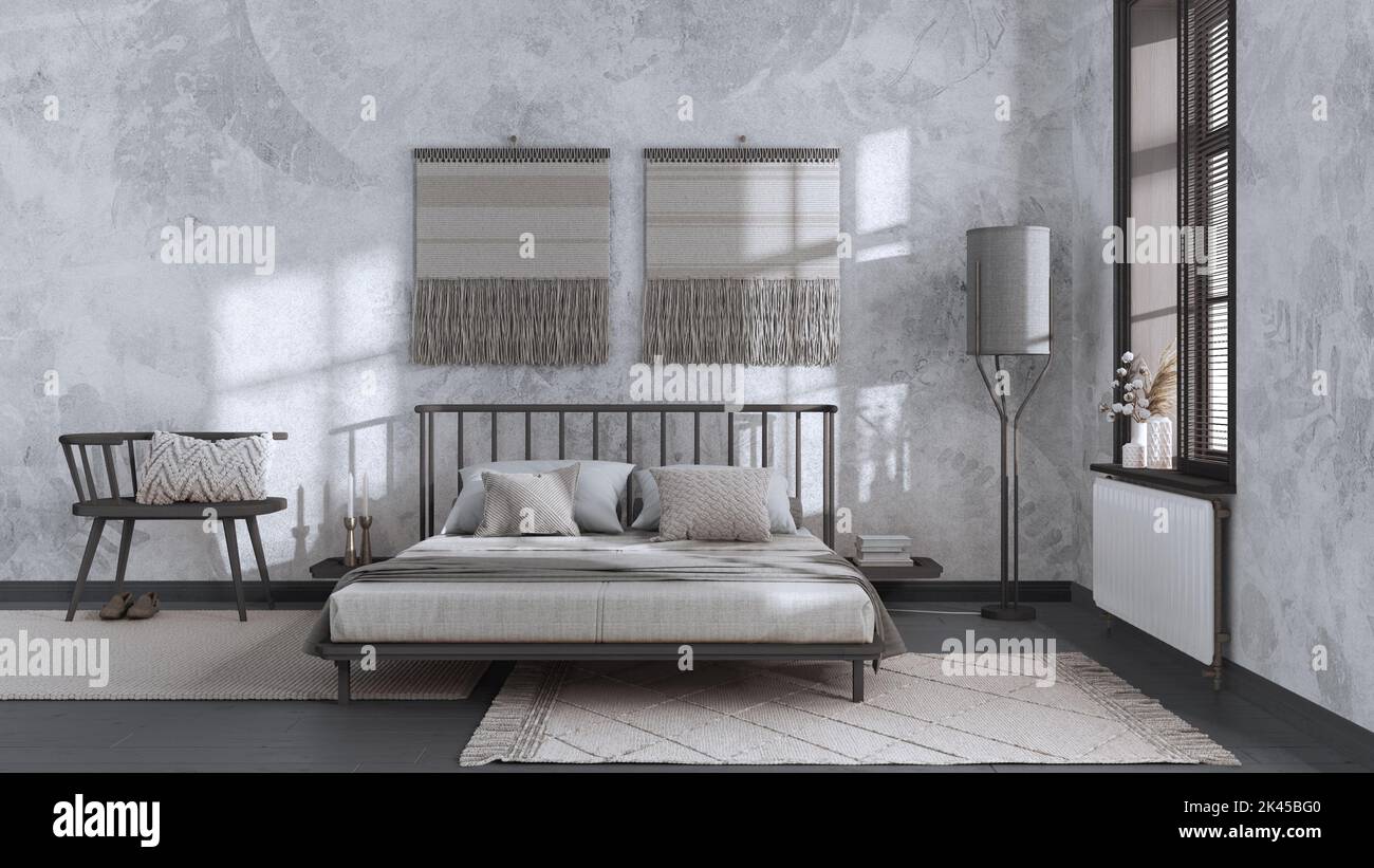 Wabi sabi bedroom in white and dark tones with macrame wall art and ...