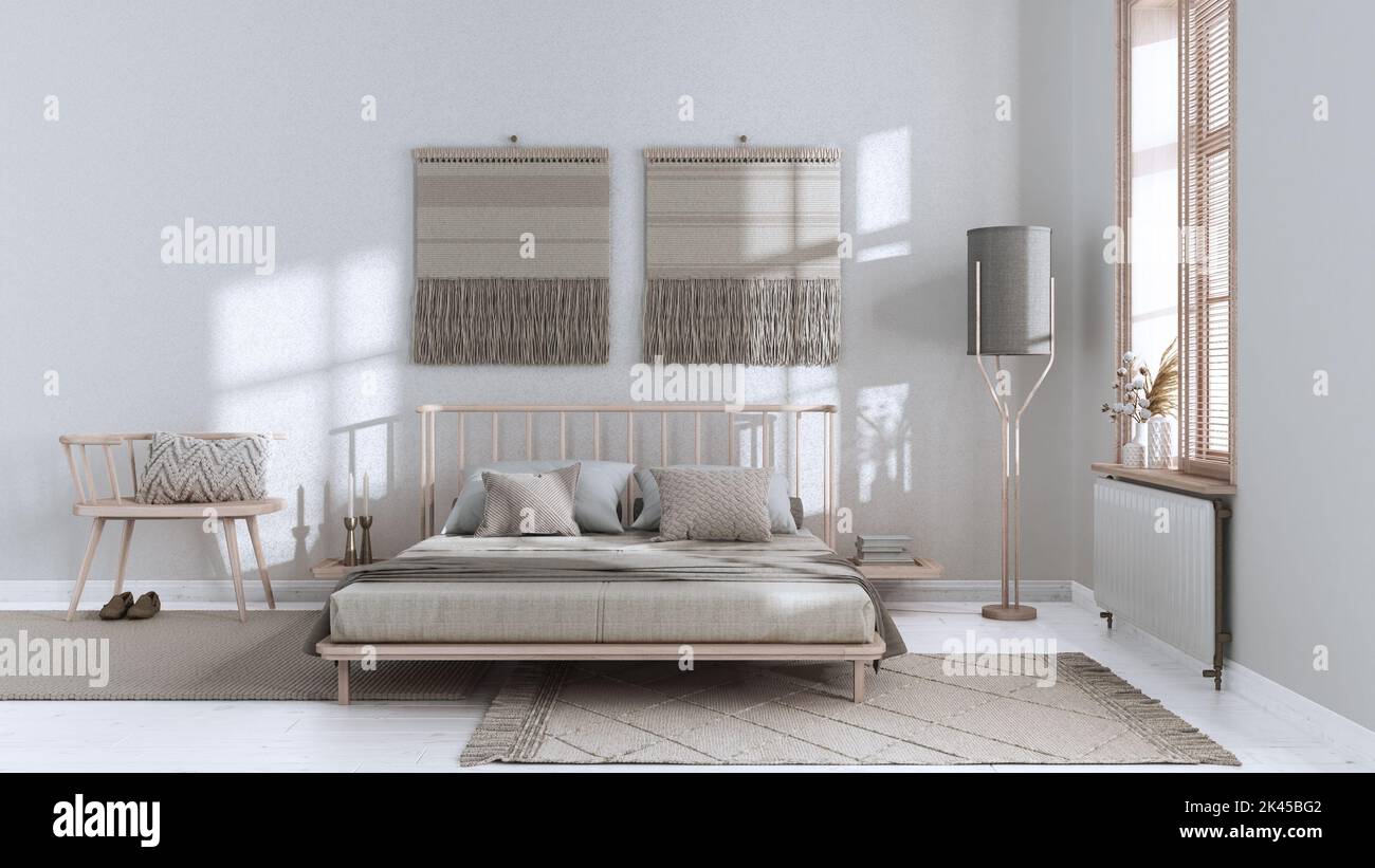 Wabi sabi bedroom in white and beige tones with macrame wall art ...