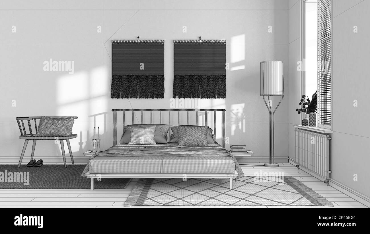 Blueprint unfinished project draft, wabi sabi bedroom with macrame wall ...