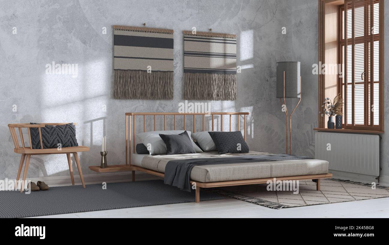 Japandi bedroom in white and gray tones with macrame wall art and ...