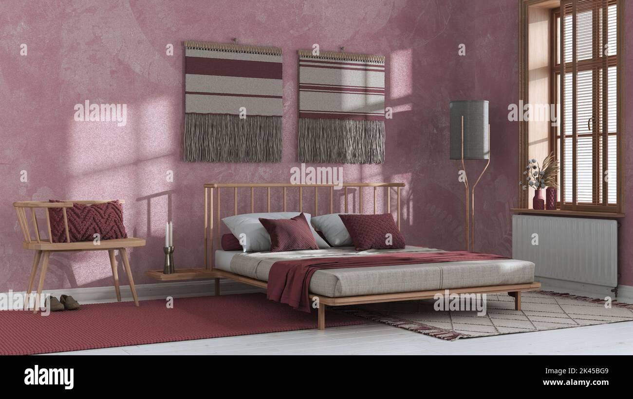 Japandi bedroom in white and red tones with macrame wall art and ...