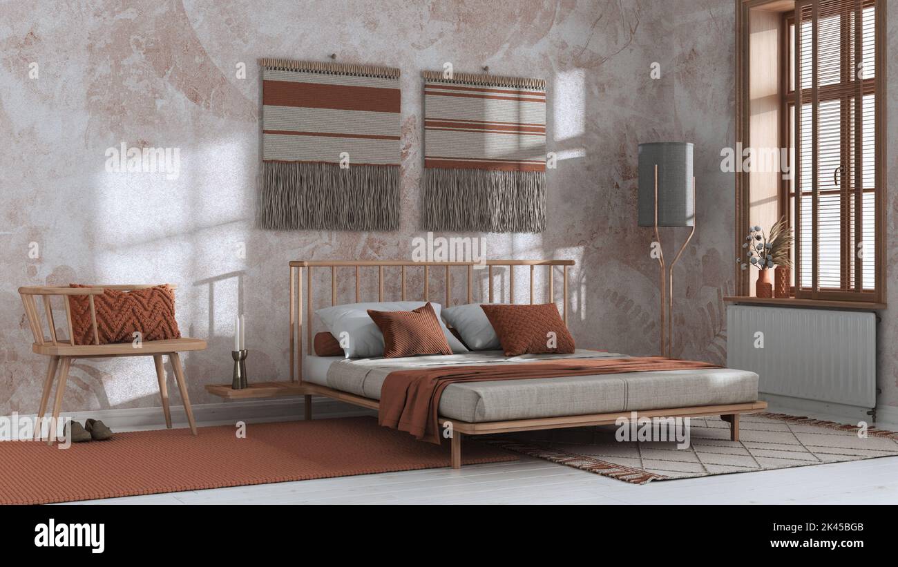 Japandi bedroom in white and orange tones with macrame wall art and ...