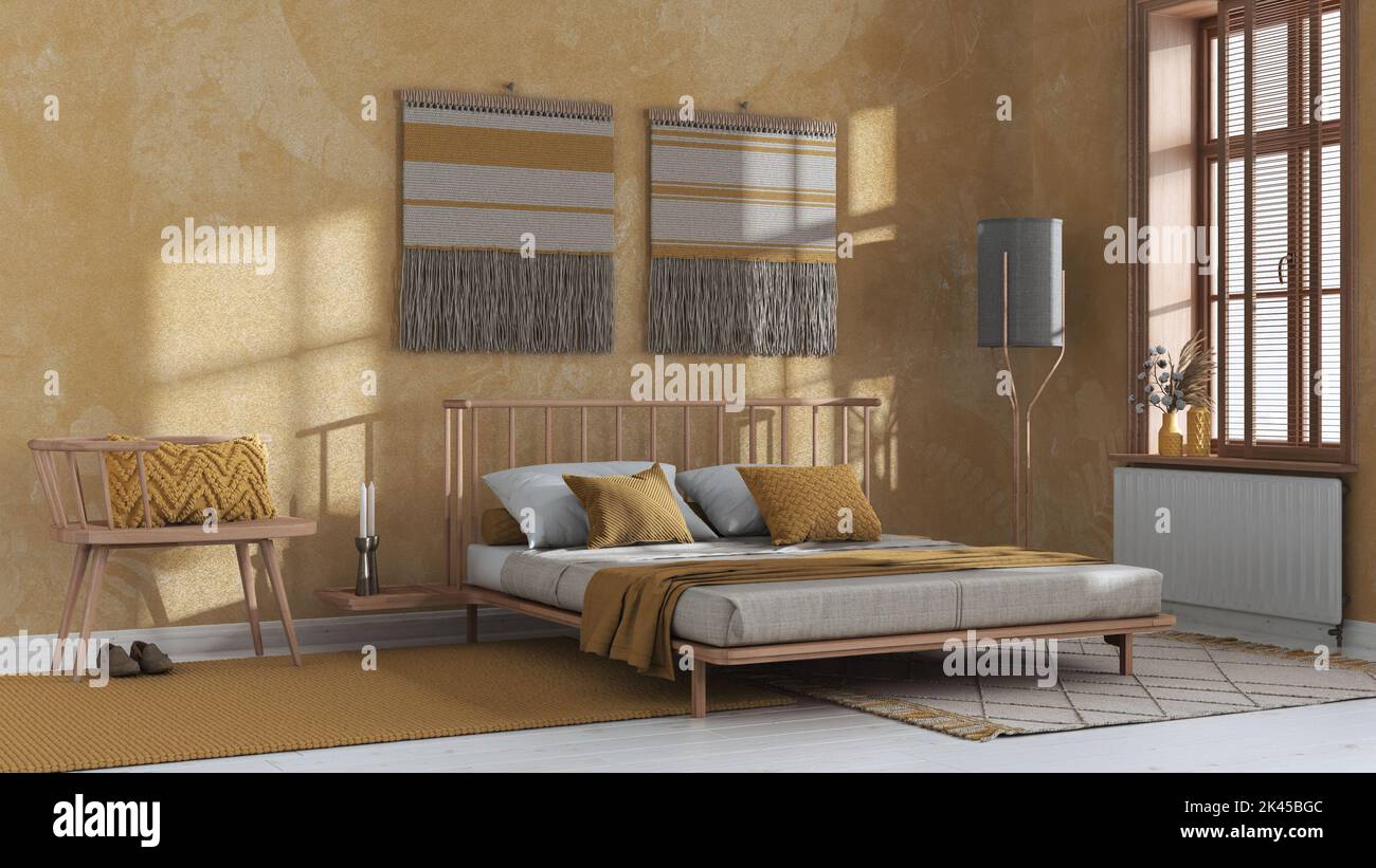 Japandi bedroom in white and yellow tones with macrame wall art and ...