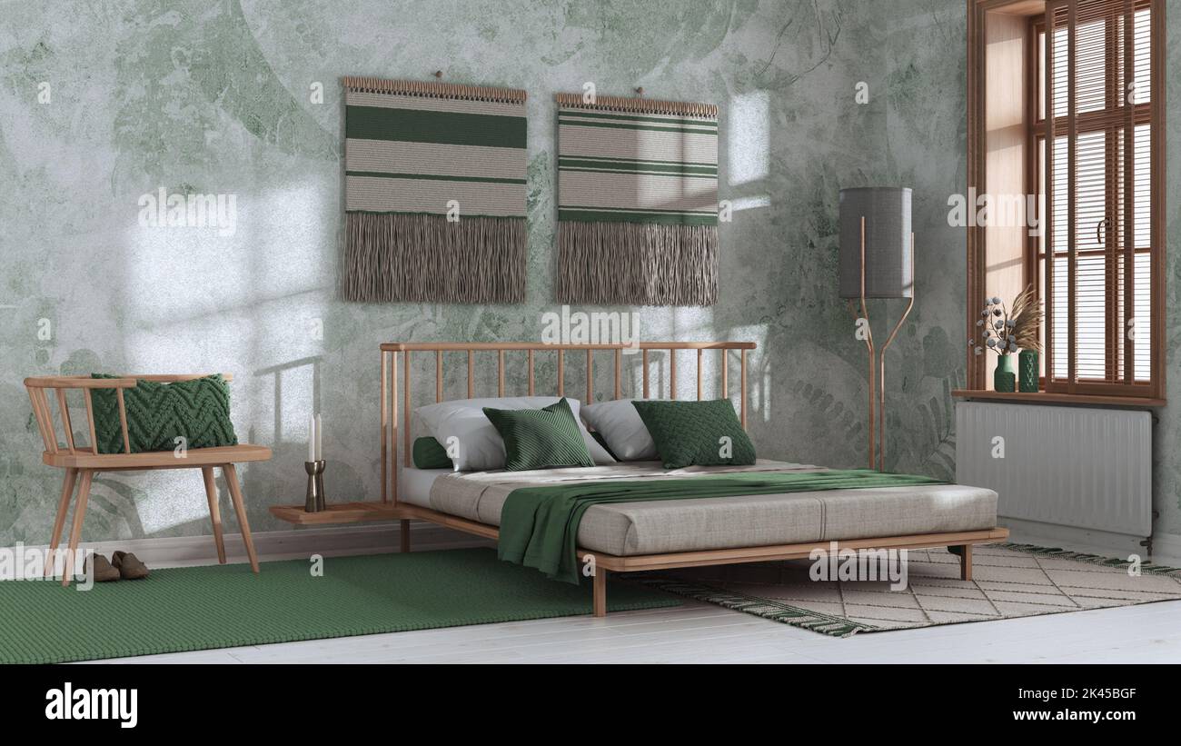 Japandi bedroom in white and green tones with macrame wall art and ...