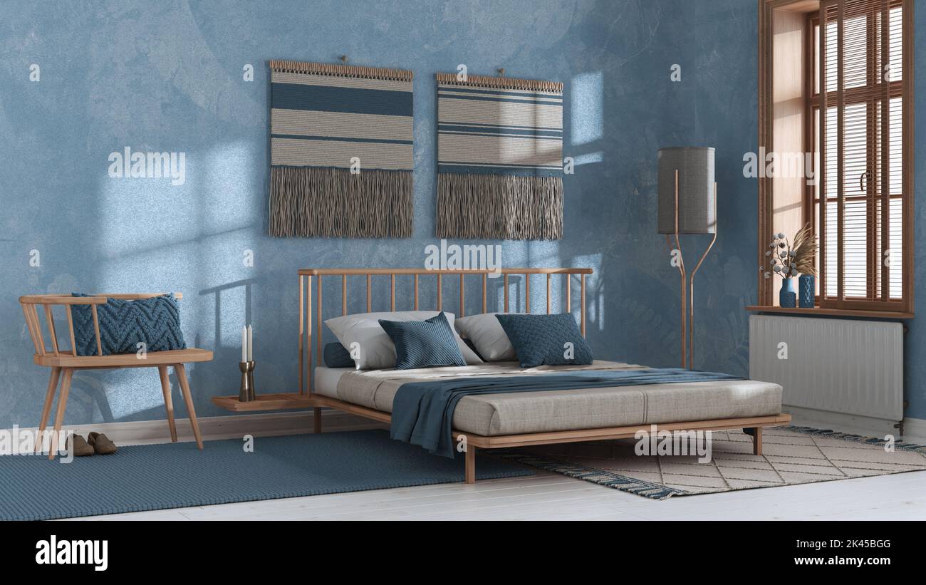 Japandi bedroom in white and blue tones with macrame wall art and