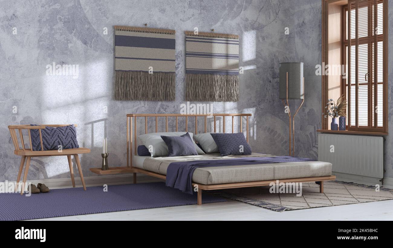 Japandi bedroom in white and purple tones with macrame wall art and ...