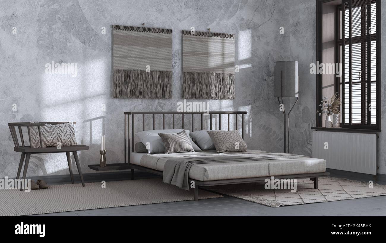 Japandi bedroom in white and dark tones with macrame wall art and ...