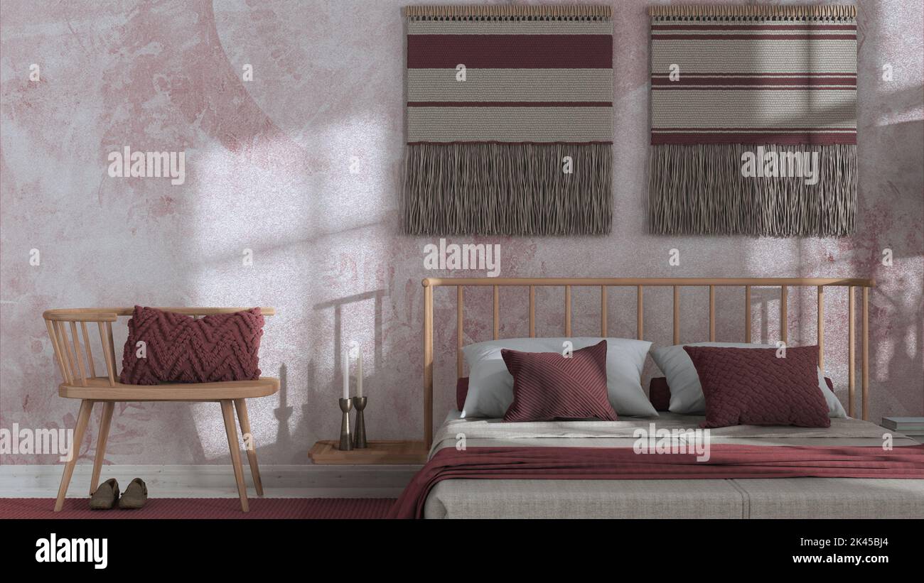 Wabi sabi bedroom in white and red tones close up with macrame wall art ...