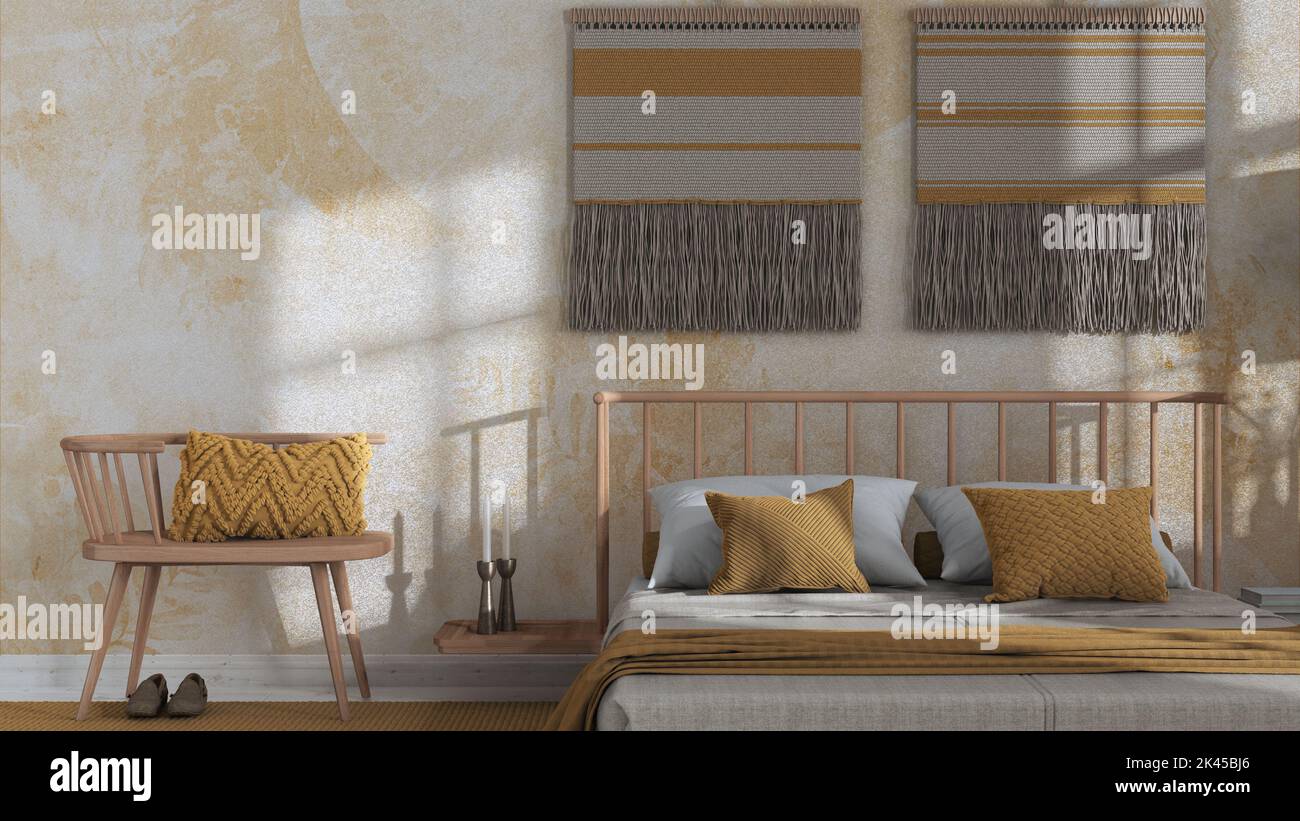 Wabi sabi bedroom in white and yellow tones close up with macrame wall ...
