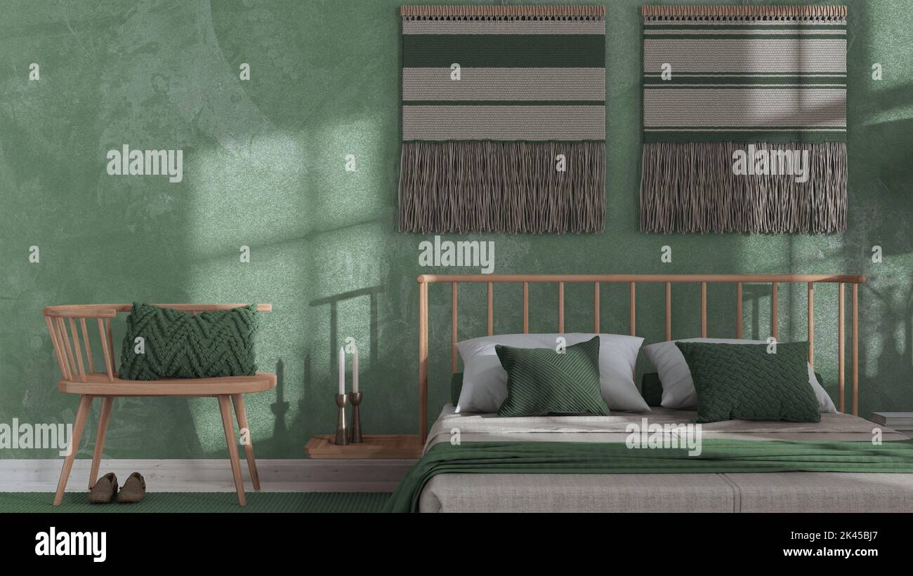 Wabi sabi bedroom in white and green tones close up with macrame wall ...