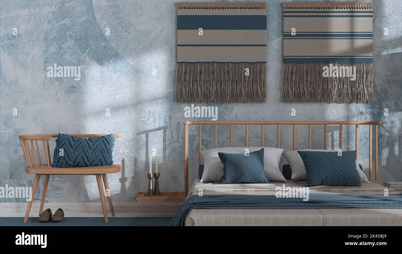 Wabi sabi bedroom in white and blue tones close up with macrame wall ...