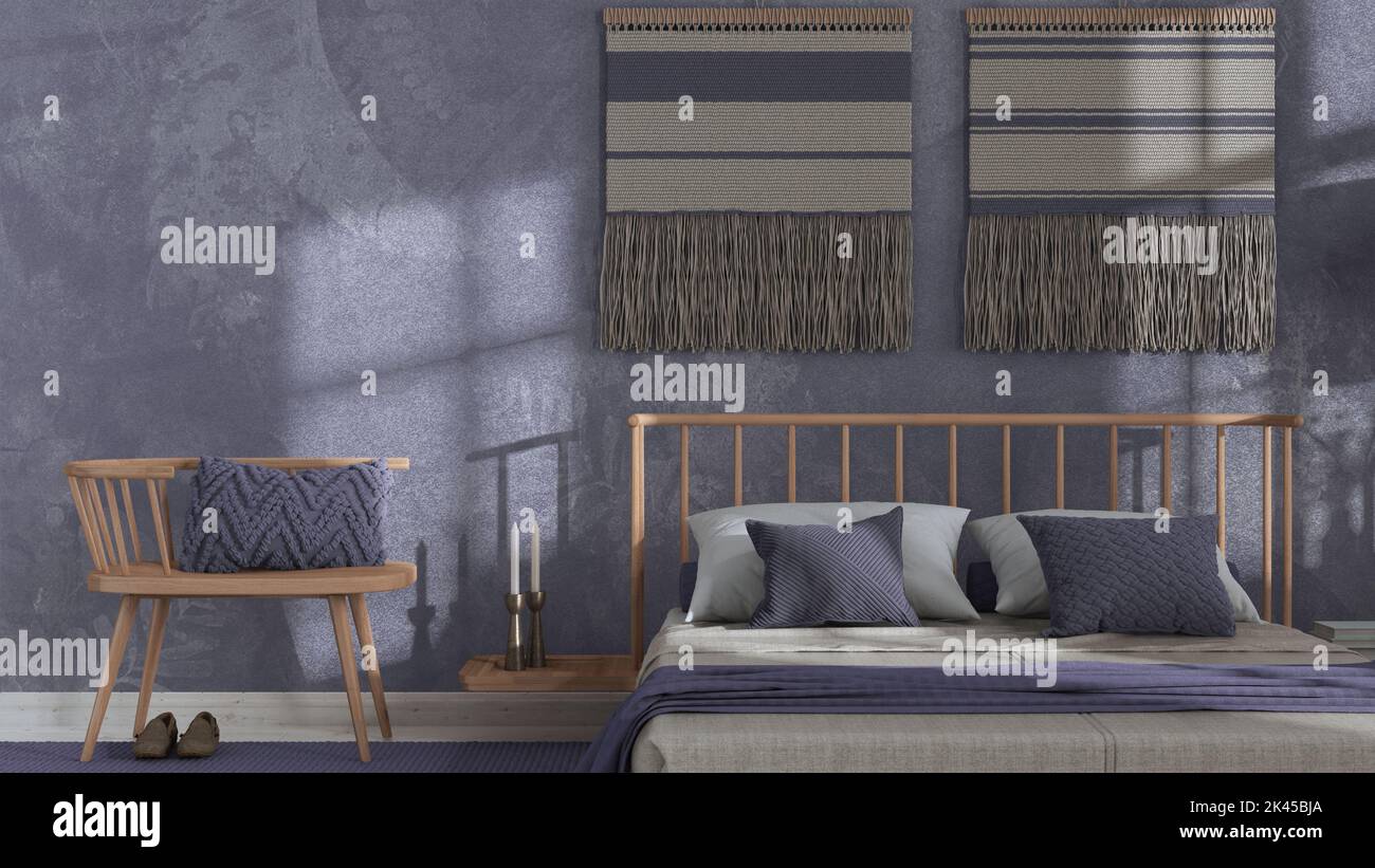 Wabi sabi bedroom in white and purple tones close up with macrame wall ...