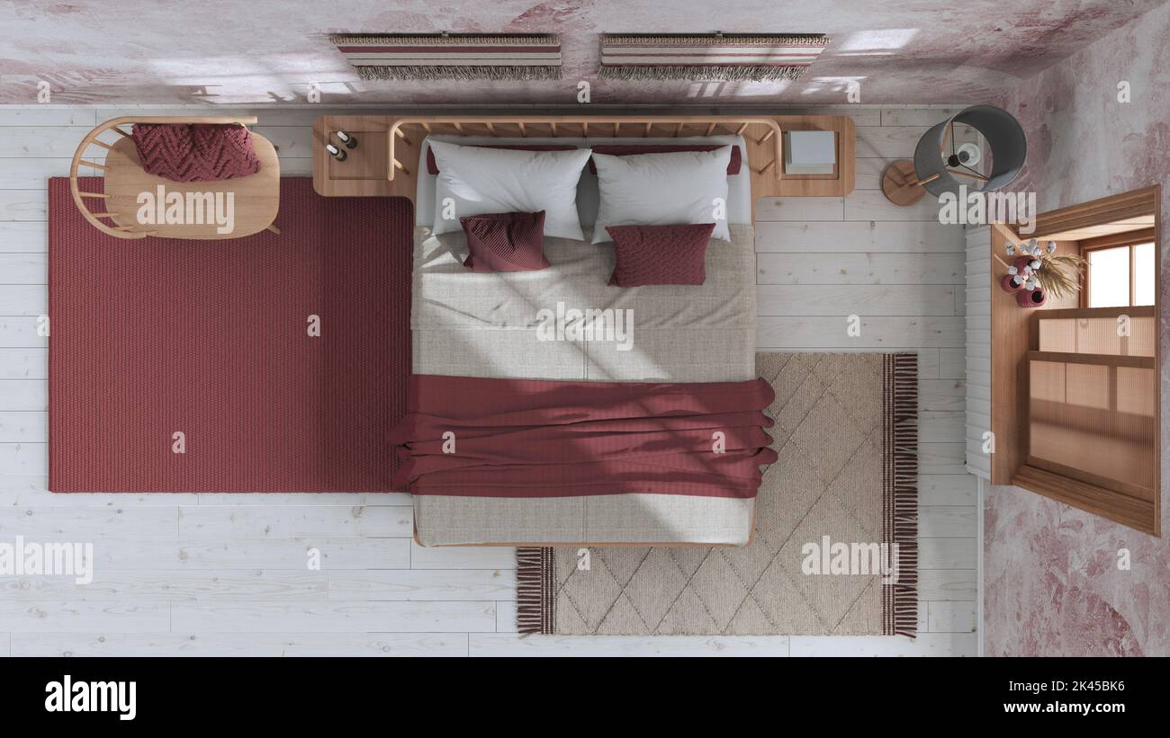 Wabi sabi bedroom in white and red tones with macrame wall art and ...