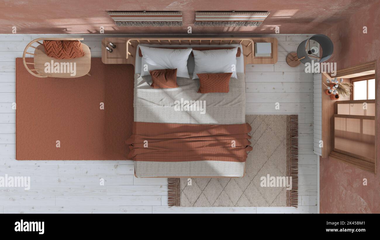 Wabi sabi bedroom in white and orange tones with macrame wall art and ...