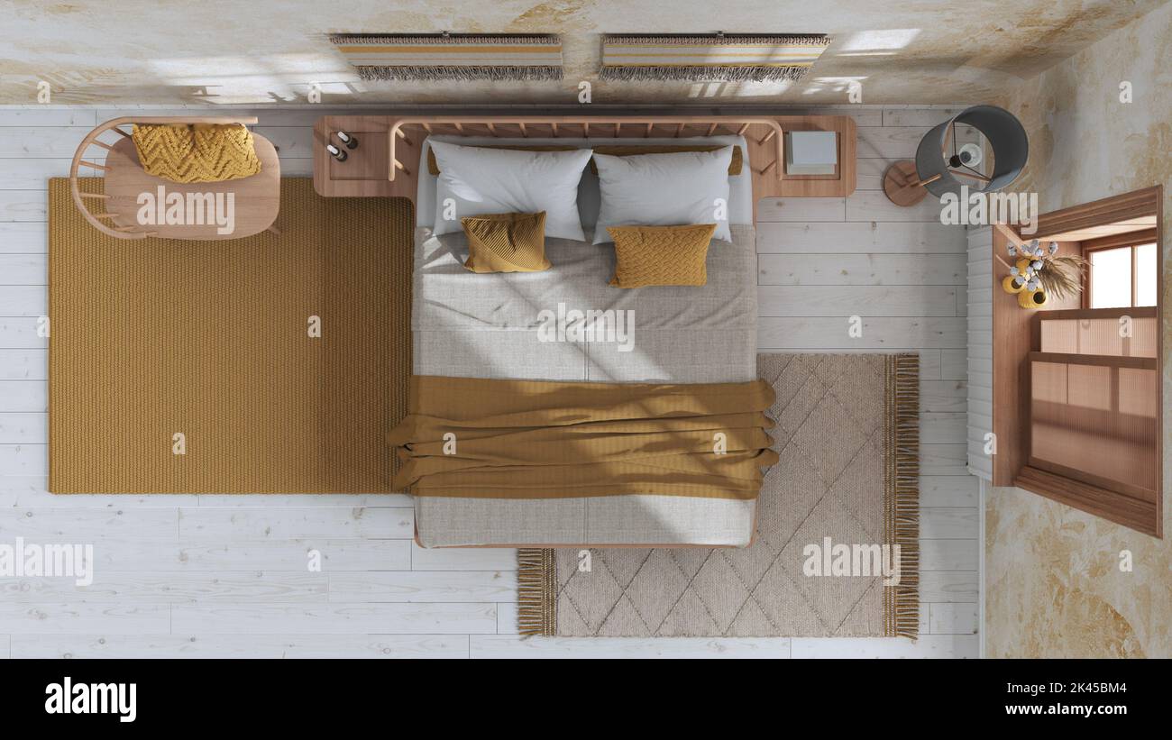 Wabi sabi bedroom in white and yellow tones with macrame wall art and ...