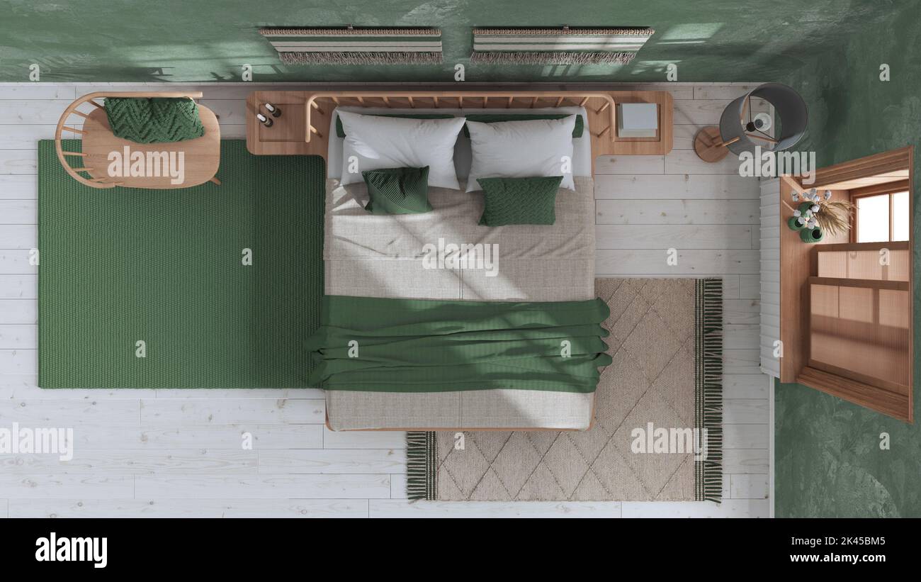 Wabi sabi bedroom in white and green tones with macrame wall art and ...