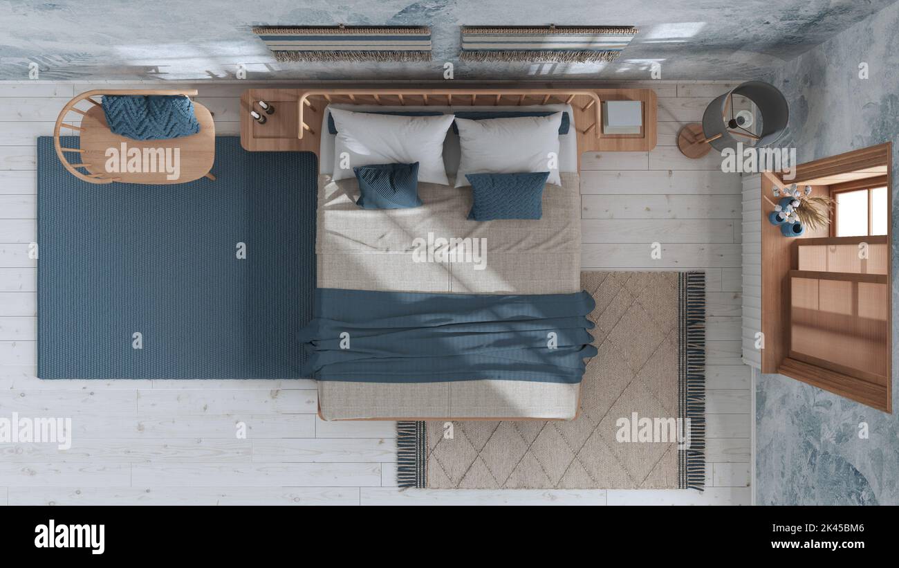 Wabi sabi bedroom in white and blue tones with macrame wall art and ...