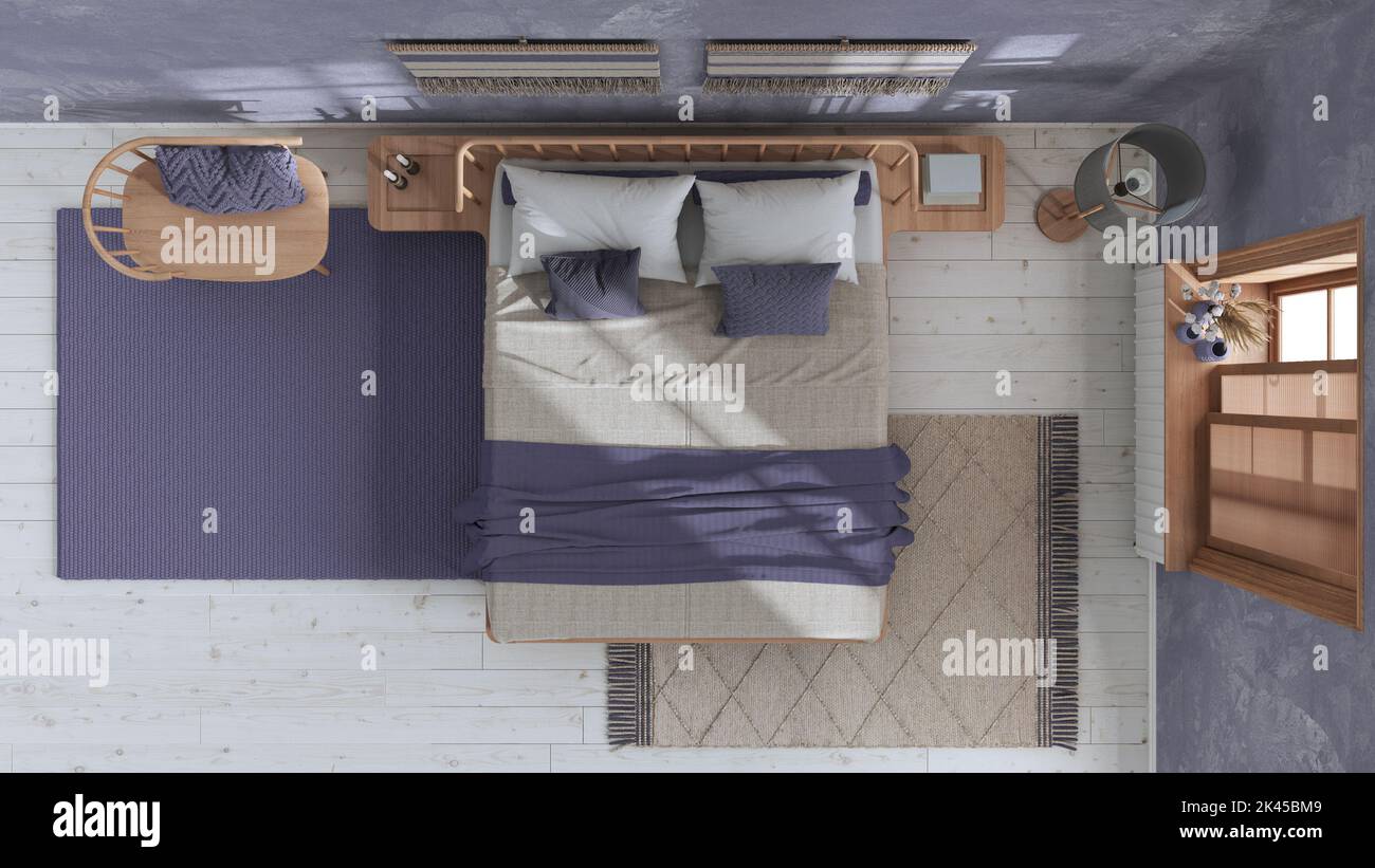 Wabi sabi bedroom in white and purple tones with macrame wall art and ...