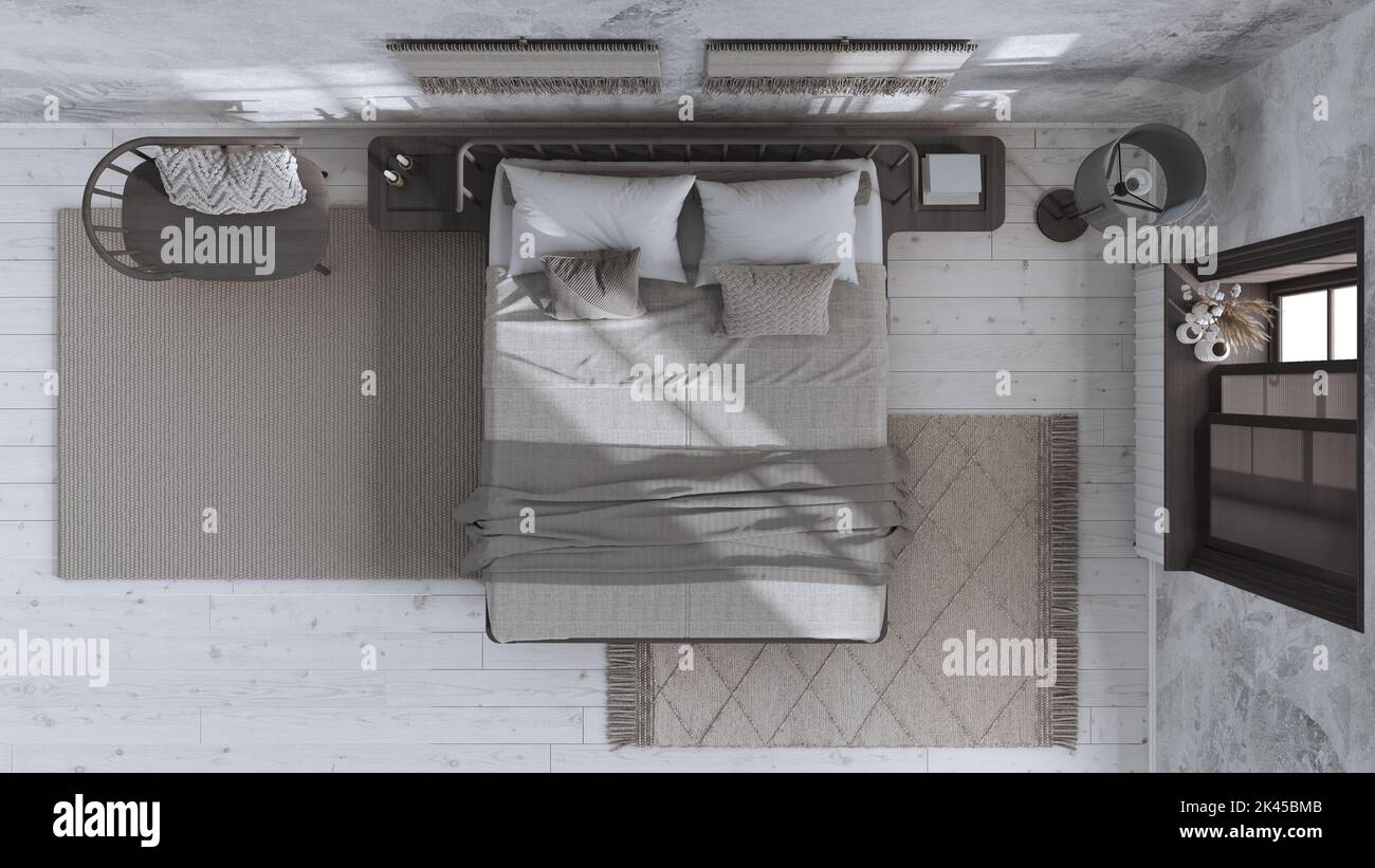 Wabi sabi bedroom in white and dark tones with macrame wall art and ...