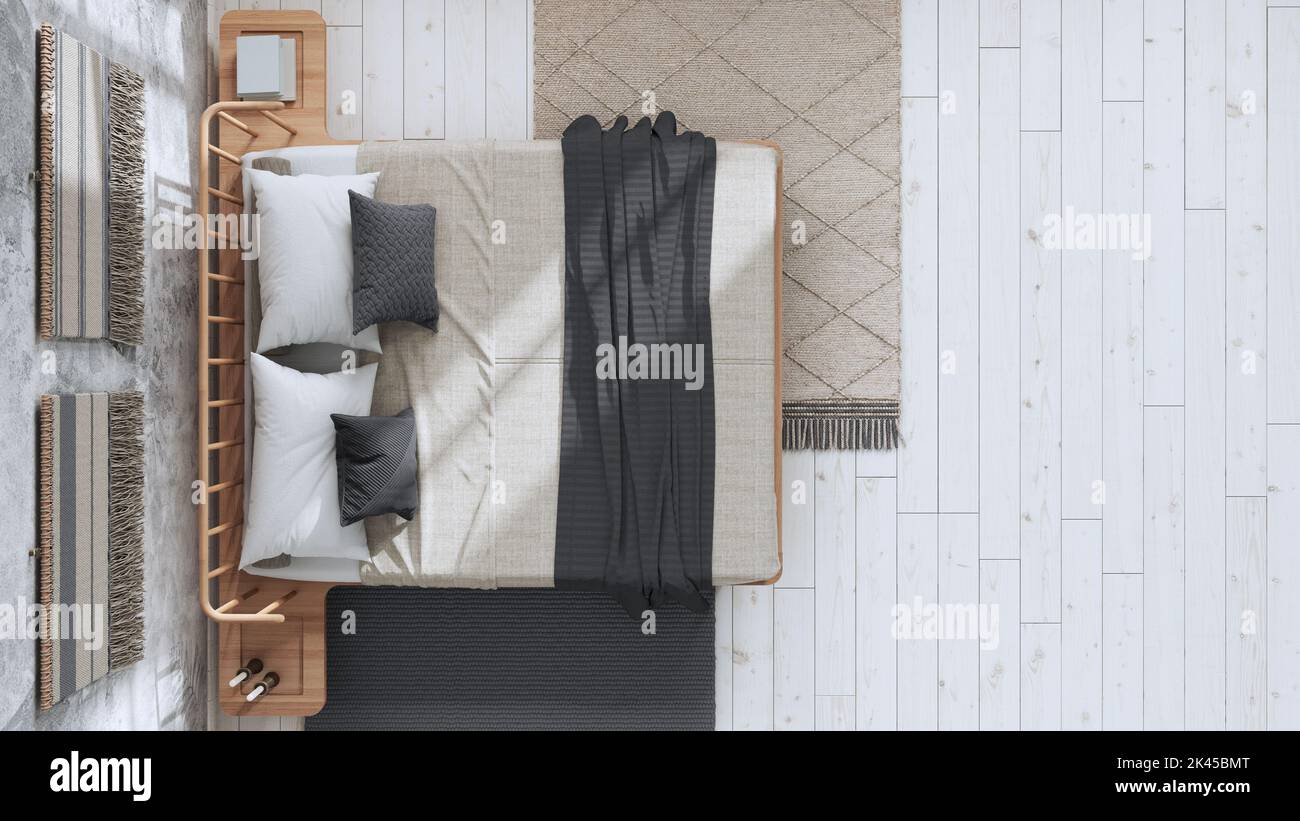 Japandi bedroom in white and gray tones with macrame wall art and ...