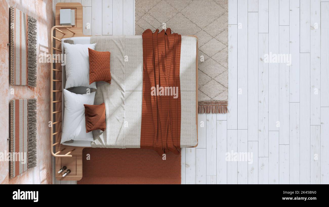Japandi bedroom in white and orange tones with macrame wall art and ...