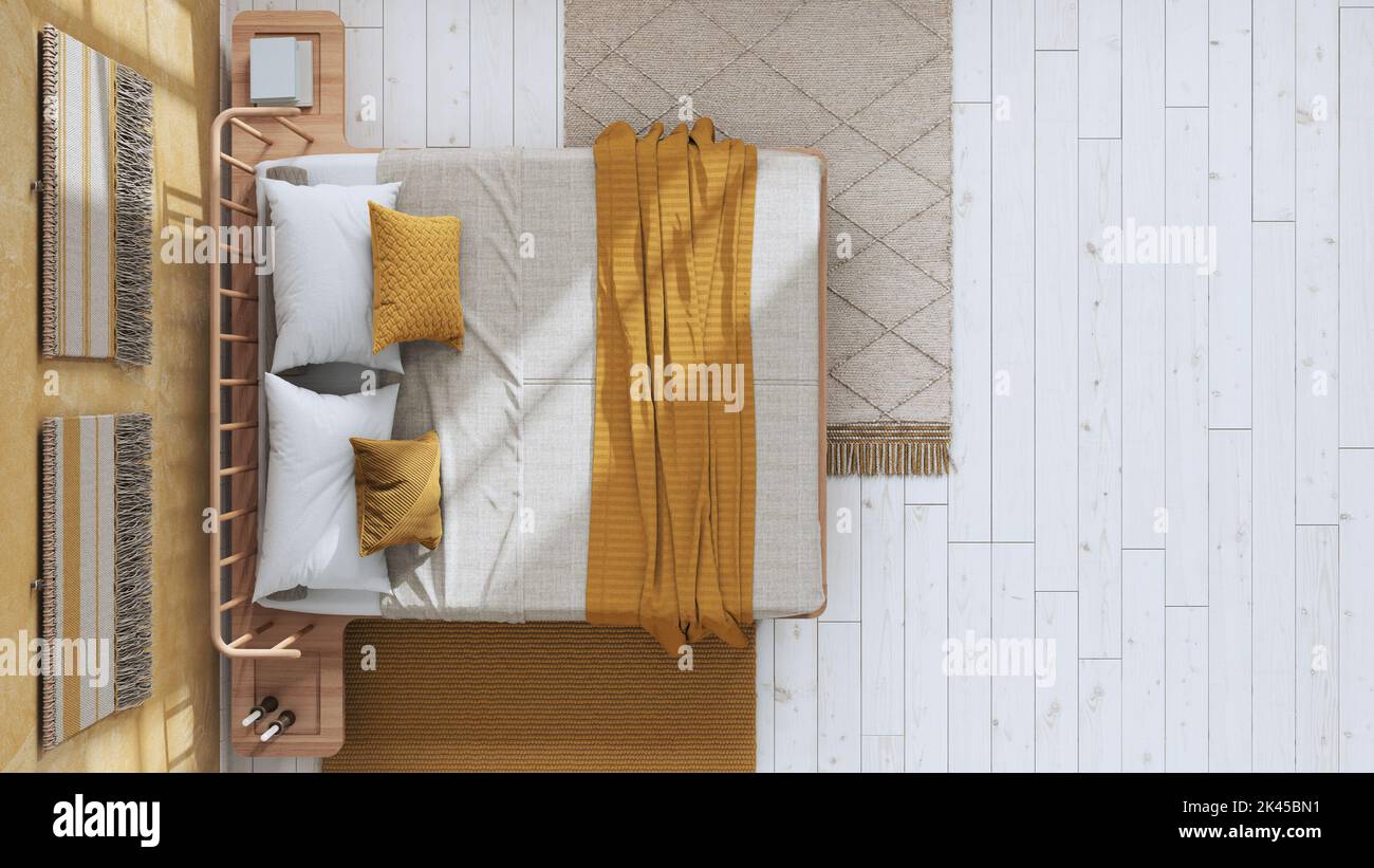 Japandi bedroom in white and yellow tones with macrame wall art and