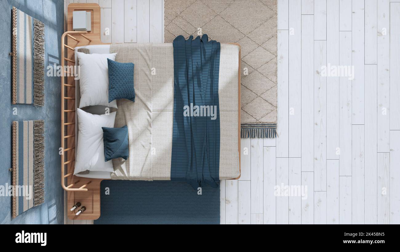 Japandi bedroom in white and blue tones with macrame wall art and ...