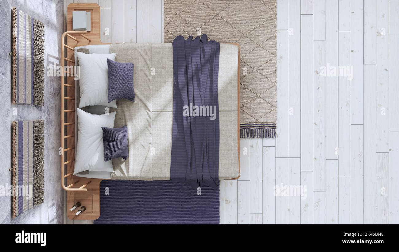 Japandi bedroom in white and purple tones with macrame wall art and ...