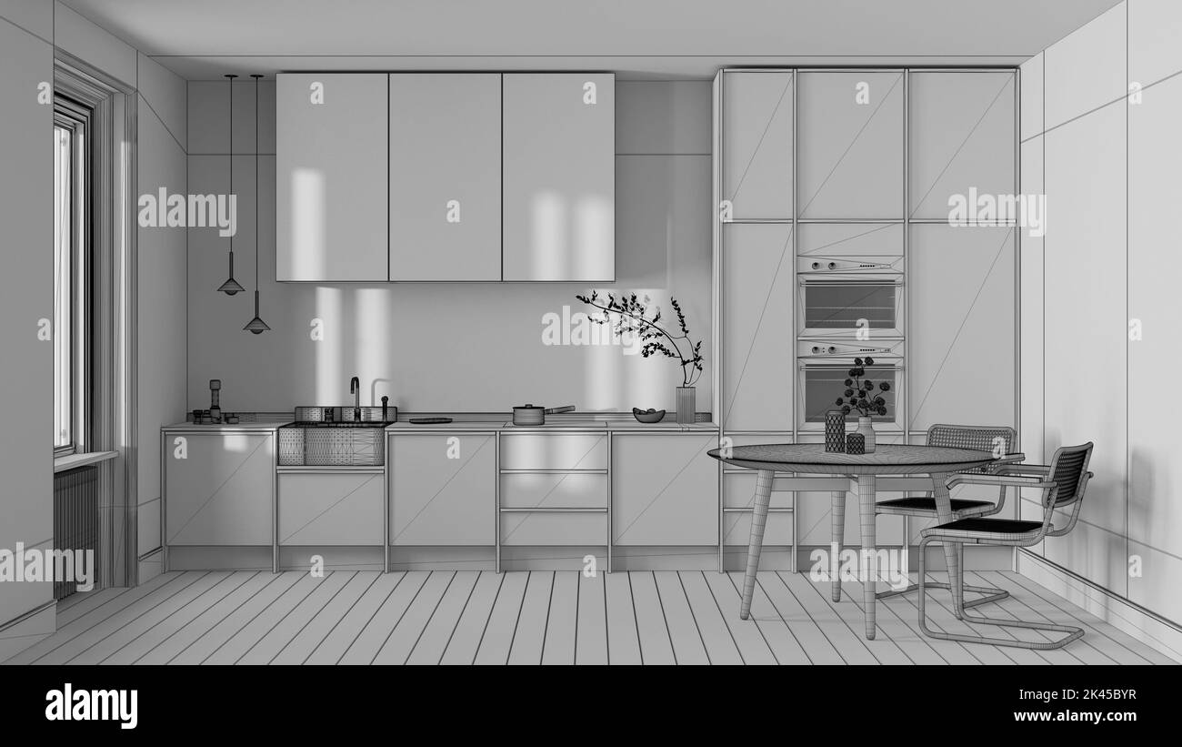 Blueprint unfinished project draft, japandi trendy wooden kitchen and dining room. Wooden cabinets, table and marble top. Minimalist interior design Stock Photo