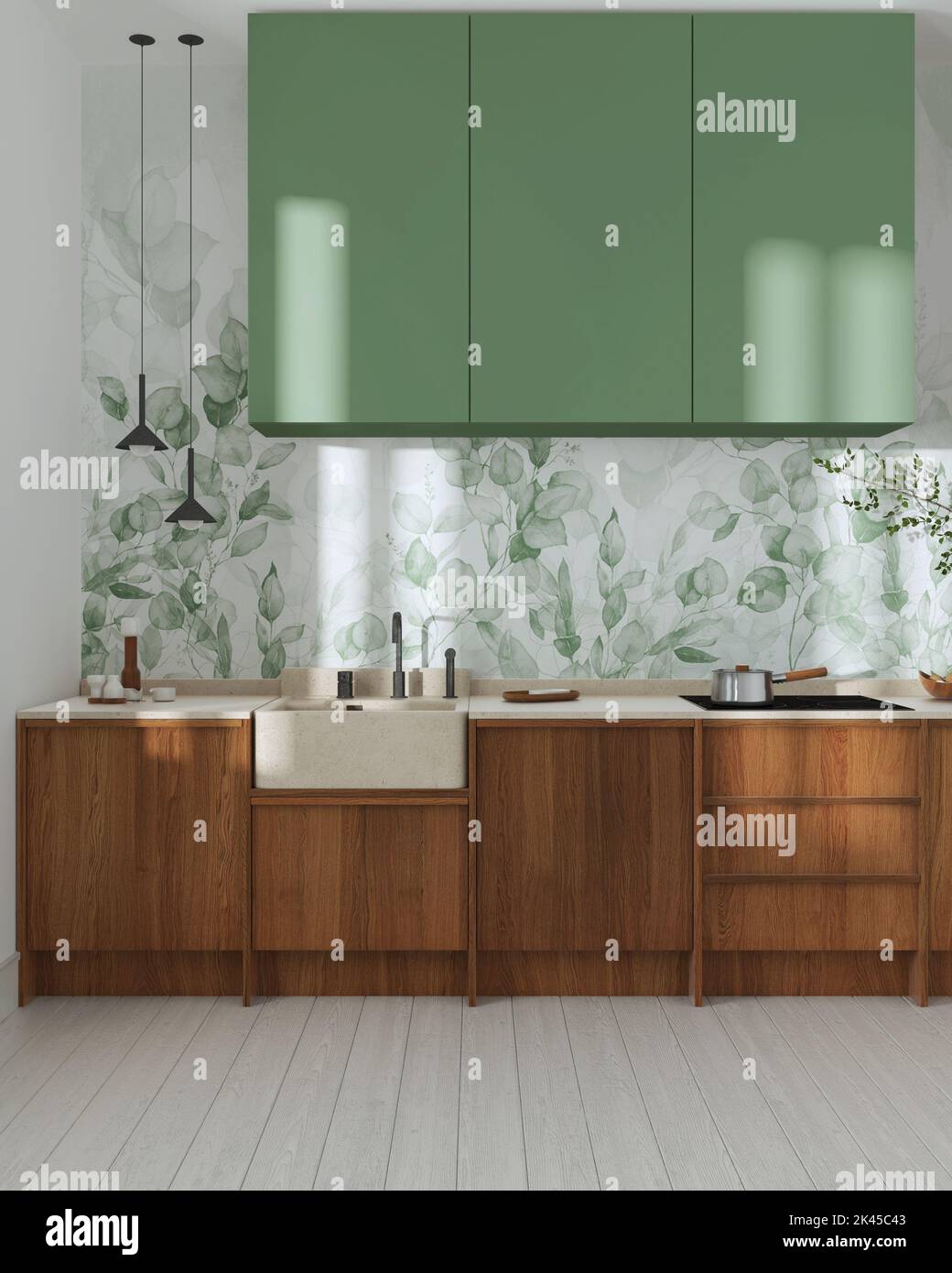 https://c8.alamy.com/comp/2K45C43/japandi-wooden-kitchen-in-white-and-green-tones-wooden-cabinets-contemporary-wallpaper-and-marble-top-front-view-minimalist-interior-design-2K45C43.jpg