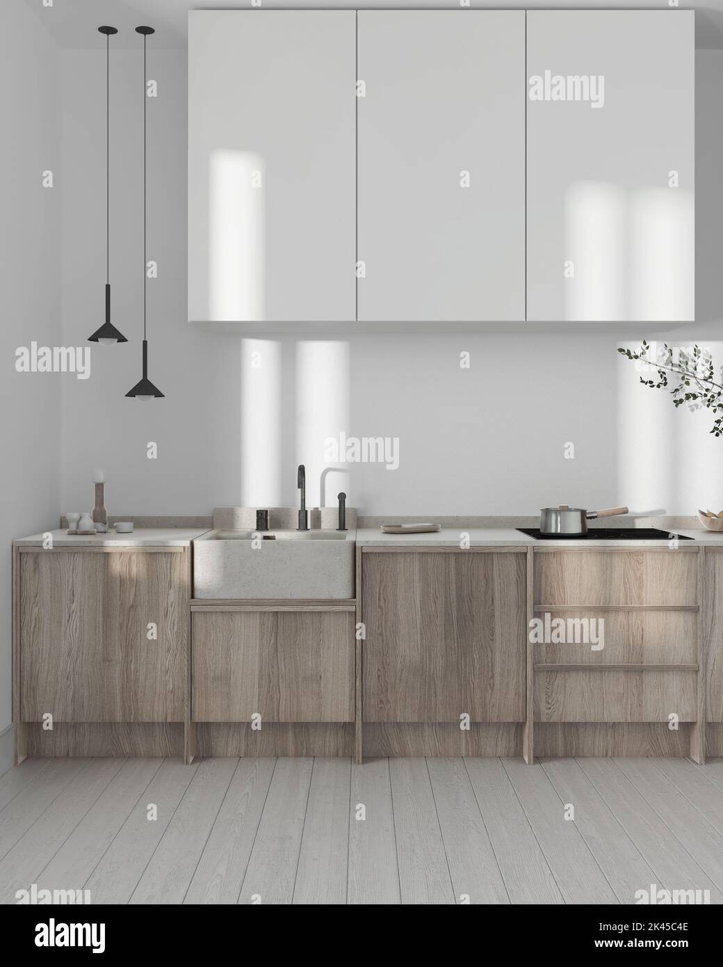 https://c8.alamy.com/comp/2K45C4E/japandi-wooden-kitchen-in-white-and-bleached-tones-wooden-cabinets-contemporary-wallpaper-and-marble-top-front-view-minimalist-interior-design-2K45C4E.jpg