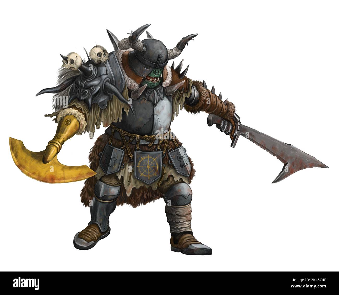 Fantasy creature - orc warrior attack. Fantasy illustration. Goblin with ax drawing. Stock Photo