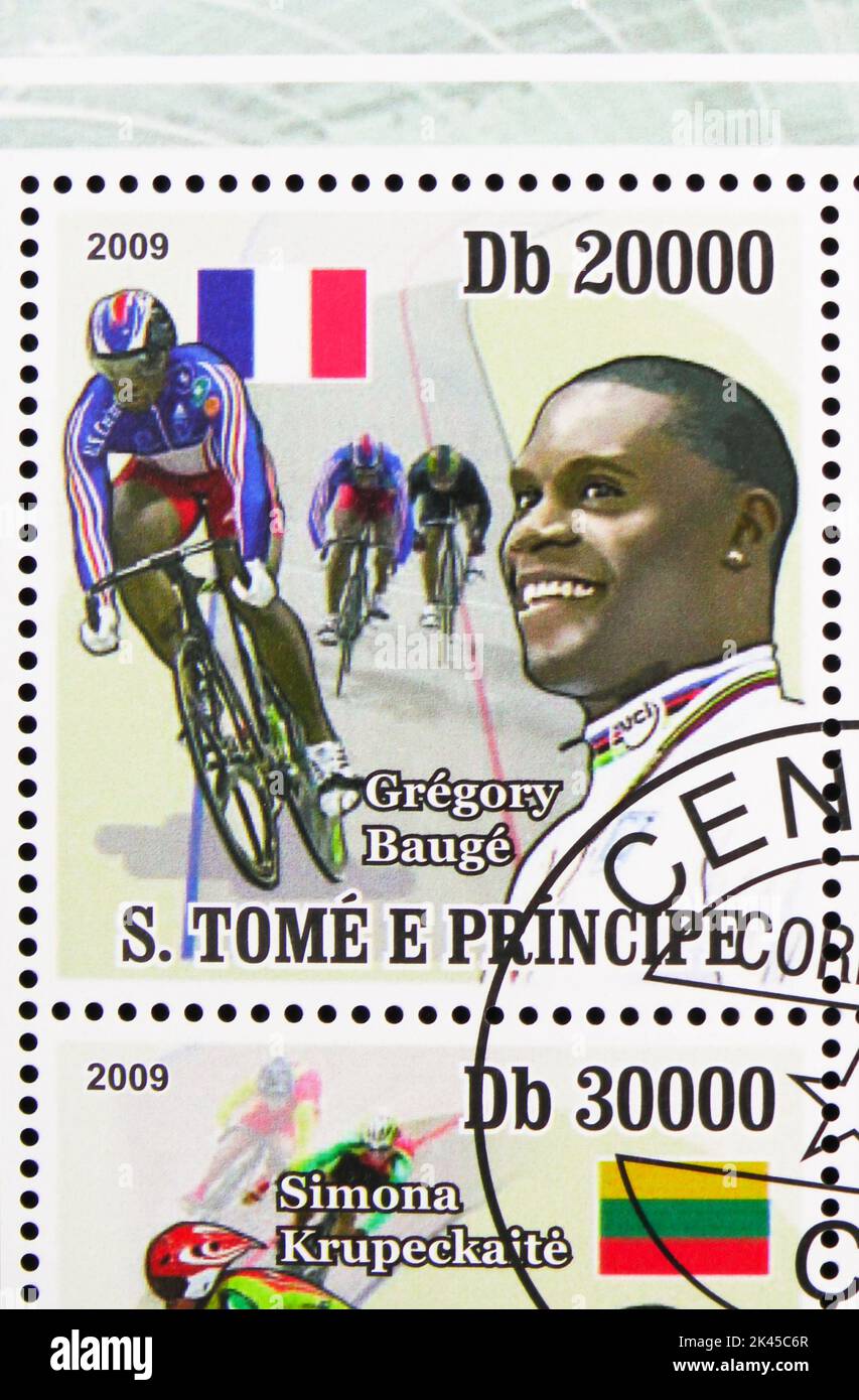 MOSCOW, RUSSIA - JUNE 17, 2022: Postage stamp printed in Sao Tome and Principe shows G. Bauge, Track Cycling World Championships 2009 serie, circa 200 Stock Photo
