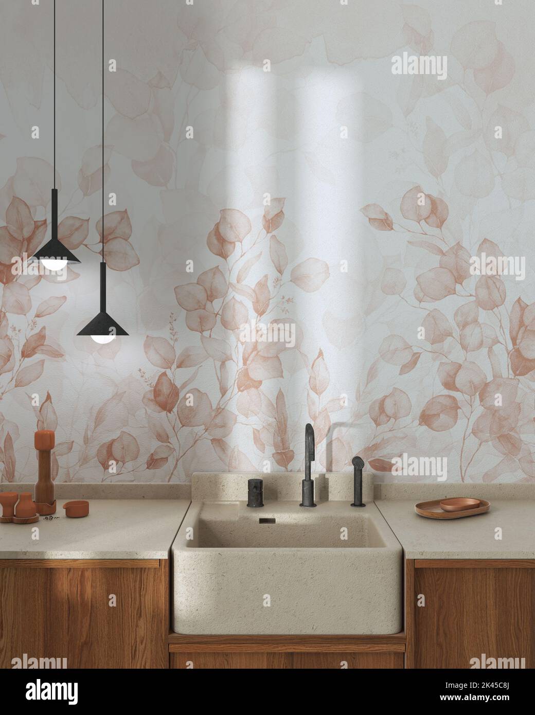 Japandi wooden kitchen in white and orange tones. Wooden cabinets