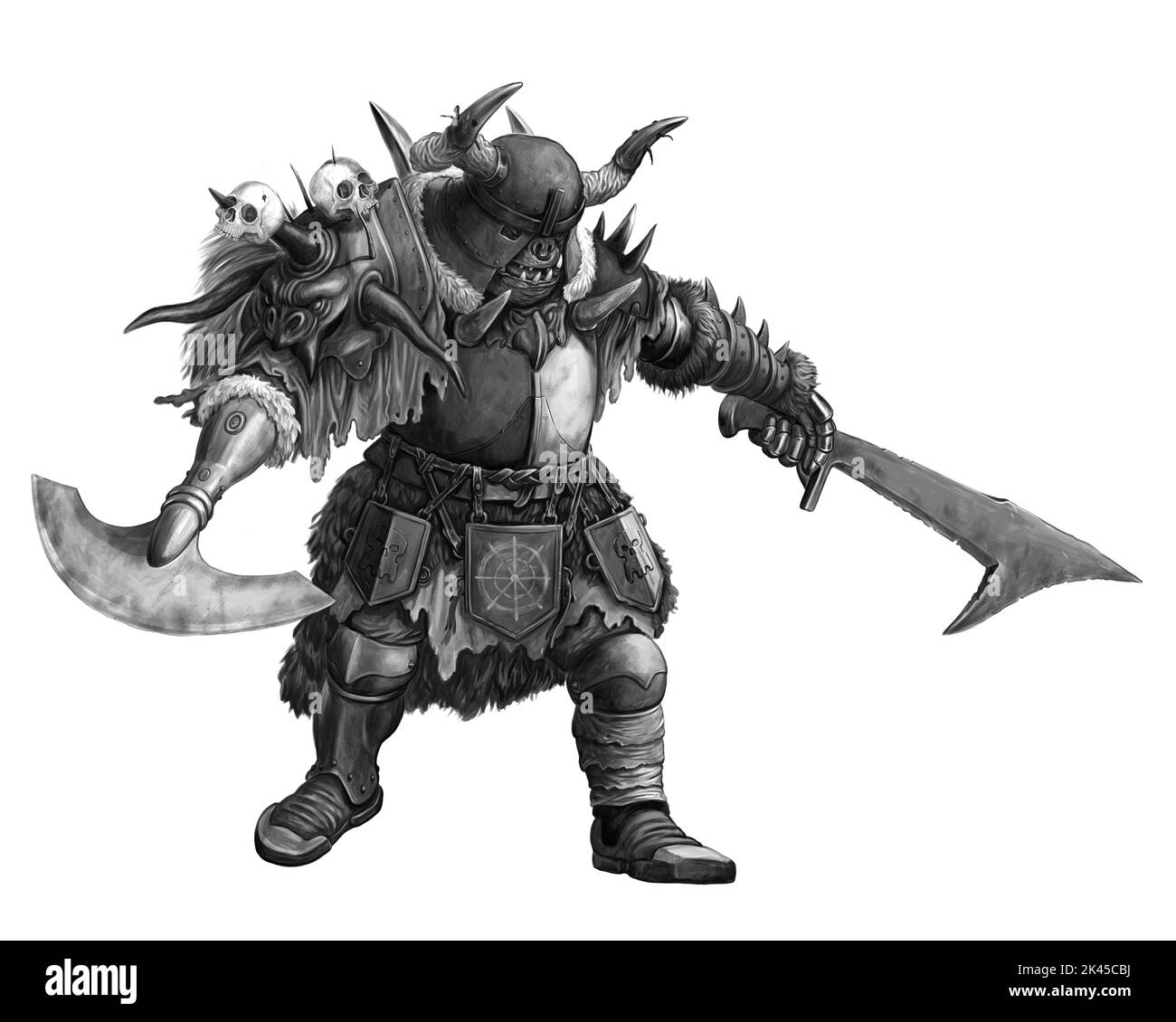 Fantasy creature - orc warrior attack. Fantasy illustration. Goblin with ax drawing. Stock Photo