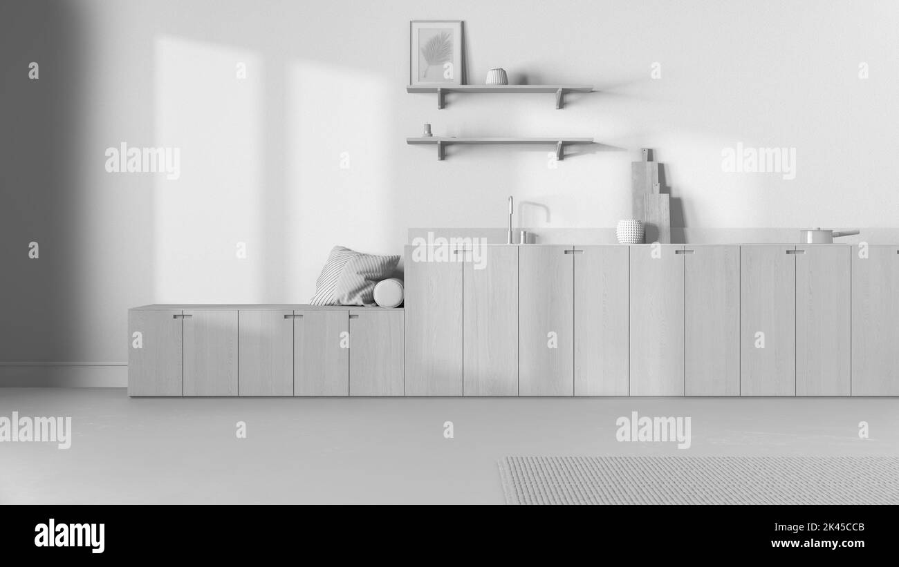 Total white project draft, minimalist japandi kitchen. Wallpaper