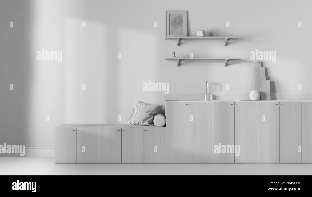 Total white project draft, trendy cozy kitchen. Wooden