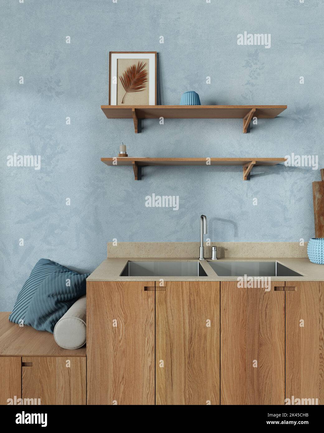 https://c8.alamy.com/comp/2K45CHB/japandi-kitchen-close-up-in-white-and-blue-tones-wallpaper-wooden-cabinets-shelves-and-bench-with-pillows-farmhouse-minimalist-interior-design-2K45CHB.jpg