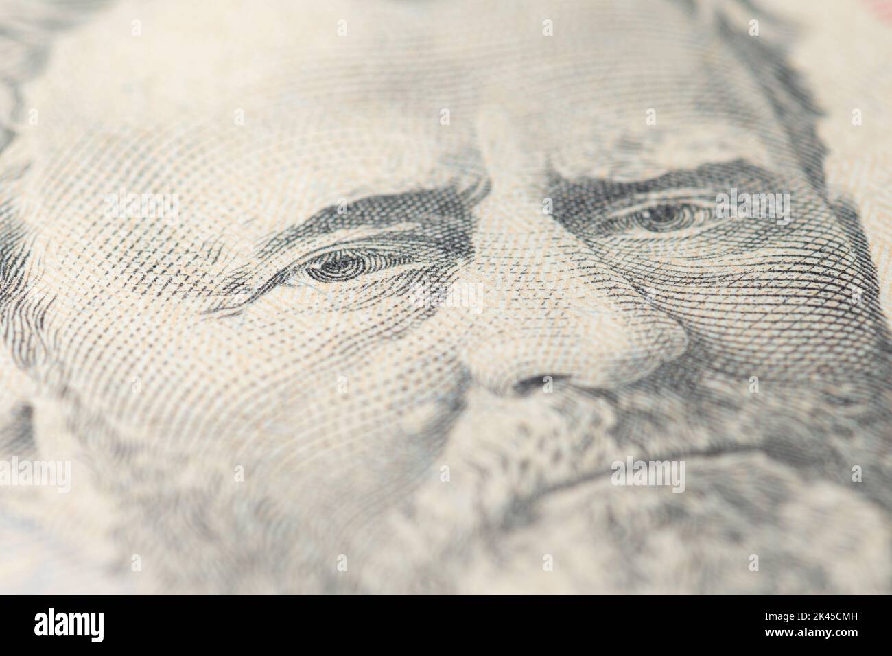Close up of new fifty dollar bill. Macro close up of Ulysses S. Grant. 50 dollar bill. Stock Photo