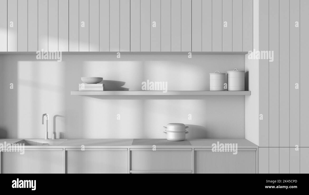 Total white project draft, japandi wooden kitchen close up. Modern cabinets, wallpaper, shelf with decors and induction hob. Minimalist interior desig Stock Photo