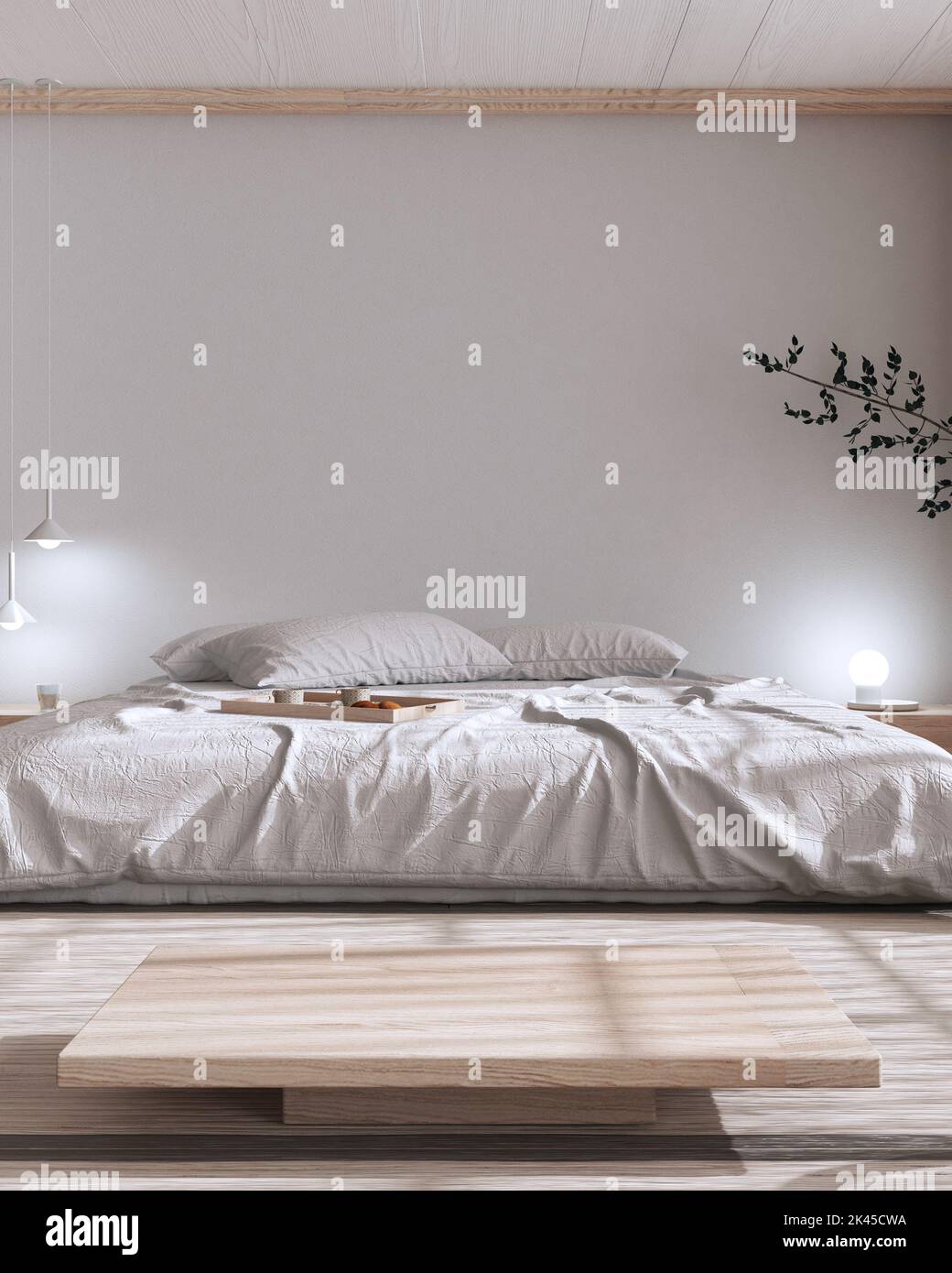 Japandi bedroom mock up in white and bleached tones. Bed with pillows ...