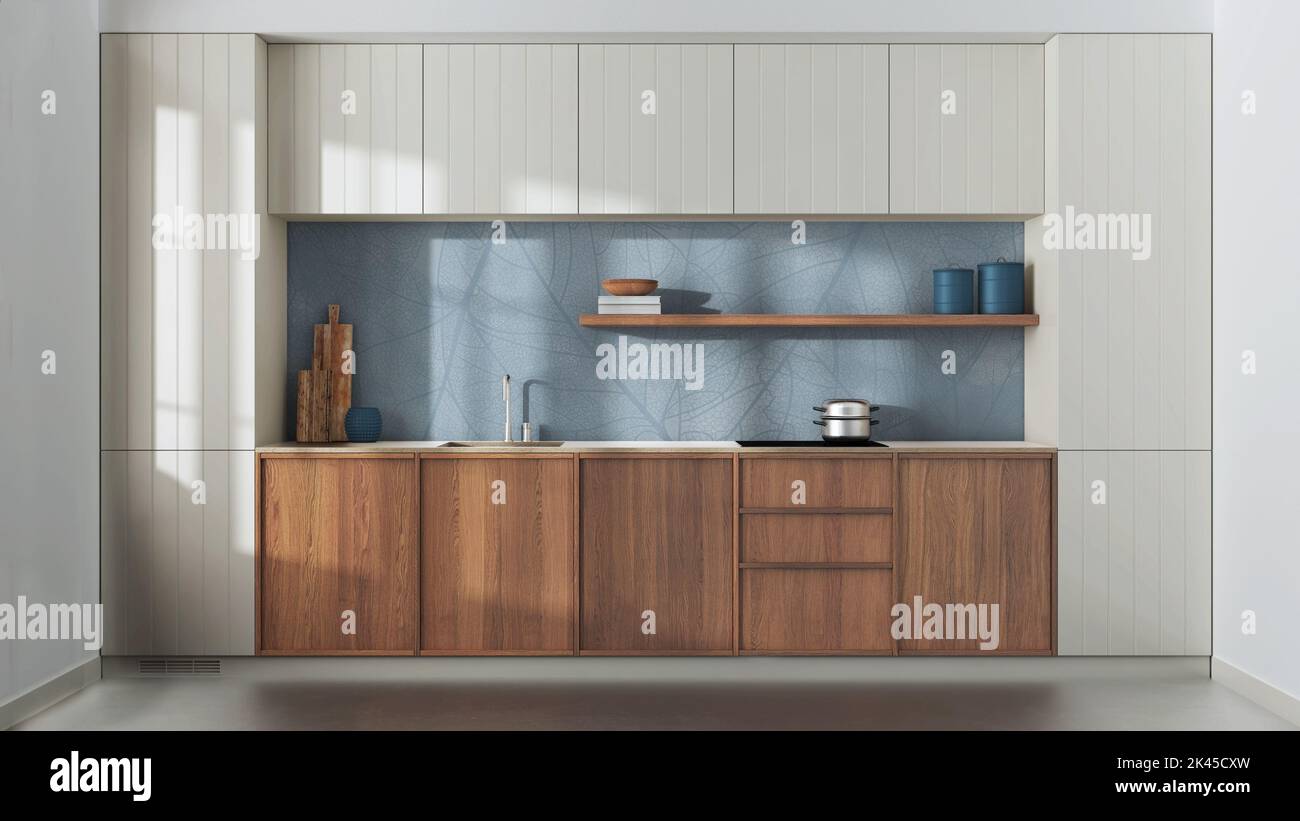 Japandi trendy wooden kitchen in white and blue tones. Modern cabinets