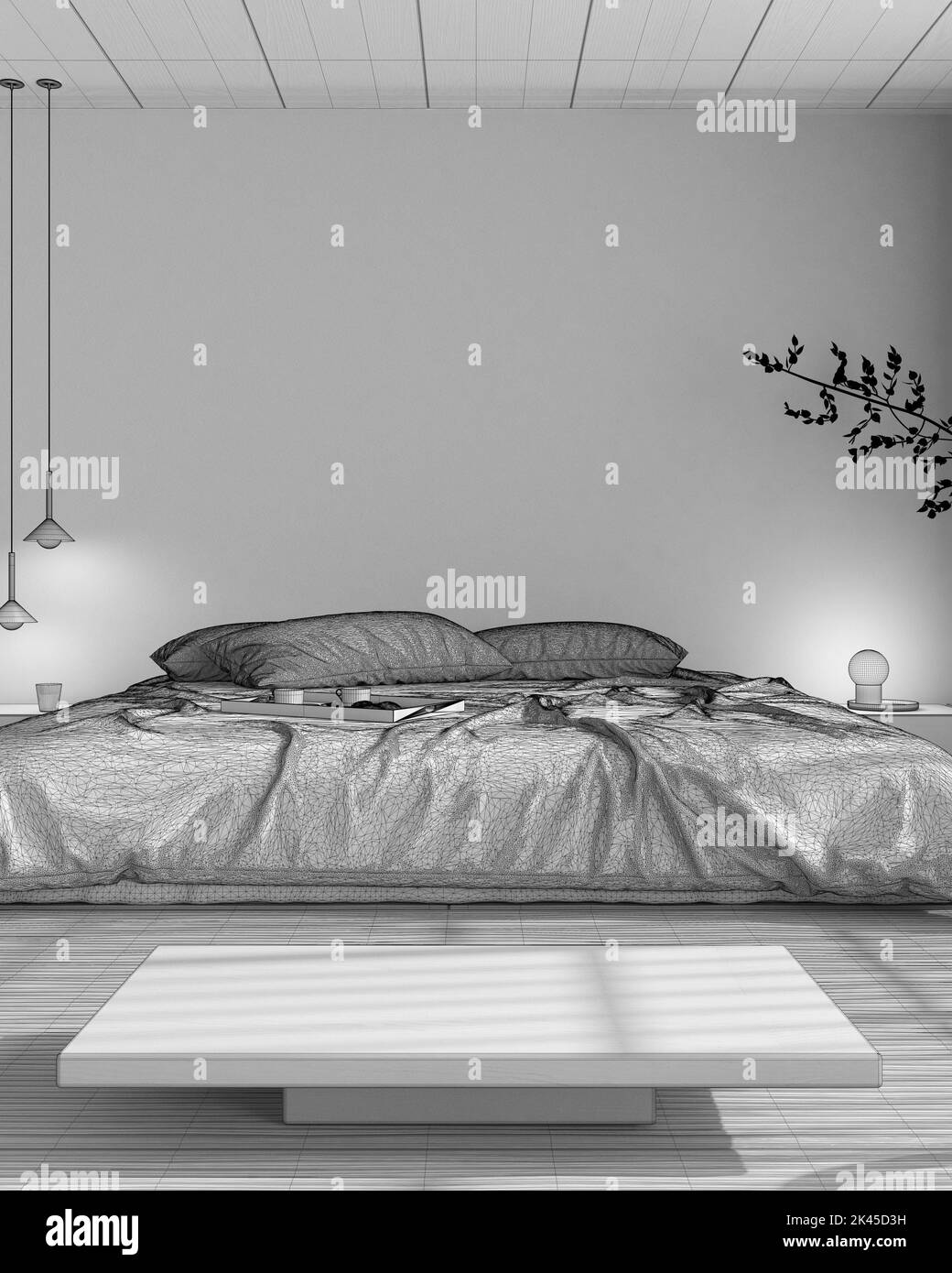 Blueprint unfinished project draft, japandi bedroom mock up. Bed with pillows, wallpaper, tatami